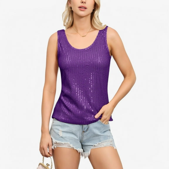 Women's Sequin Tank Top Sleeveless Scoop Neck Sparkly Party Blouse - X Large, Purple