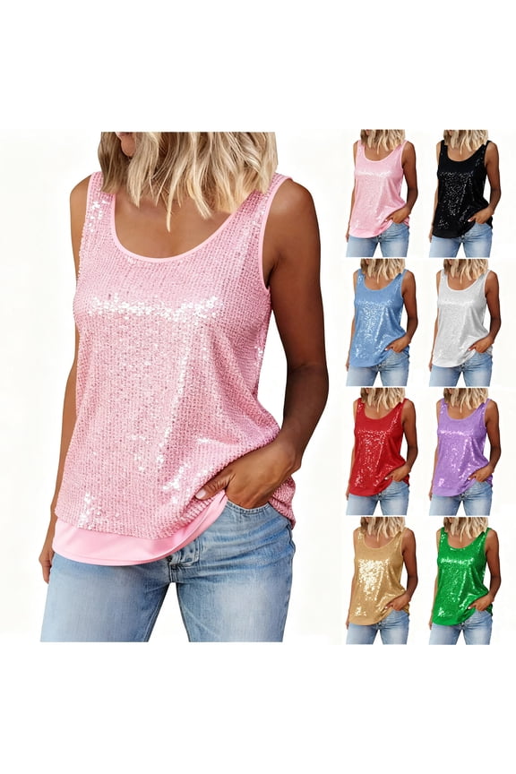 Women's Sequin Tank Tops Plus Size Summer Scoop Neck Sleeveless T-shirts Sparkle Shimmer Tunic Tops