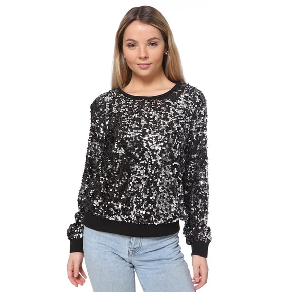 Women's Sequin Top Long Sleeve Pullover Sweatershirt, Black, Small