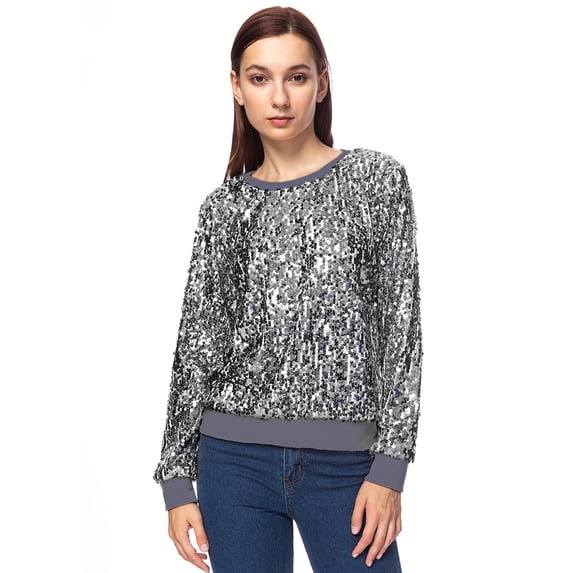 Women's Sequin Top Round Neck Metallic Long Sleeve Pullover Sweatershirt, Silver, X-Large