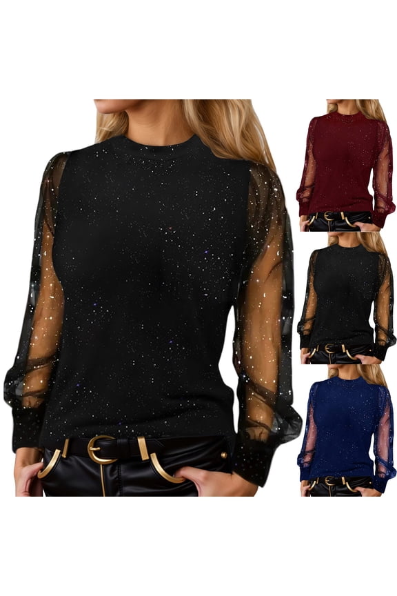 Women's Sequin Top, Sheer Mesh Long Sleeve Sparkling Blouse, Sexy Bodycon Party Shirt for New Year's Eve, Festive Going Out Tops for Women, Evening Wear Blouse Black