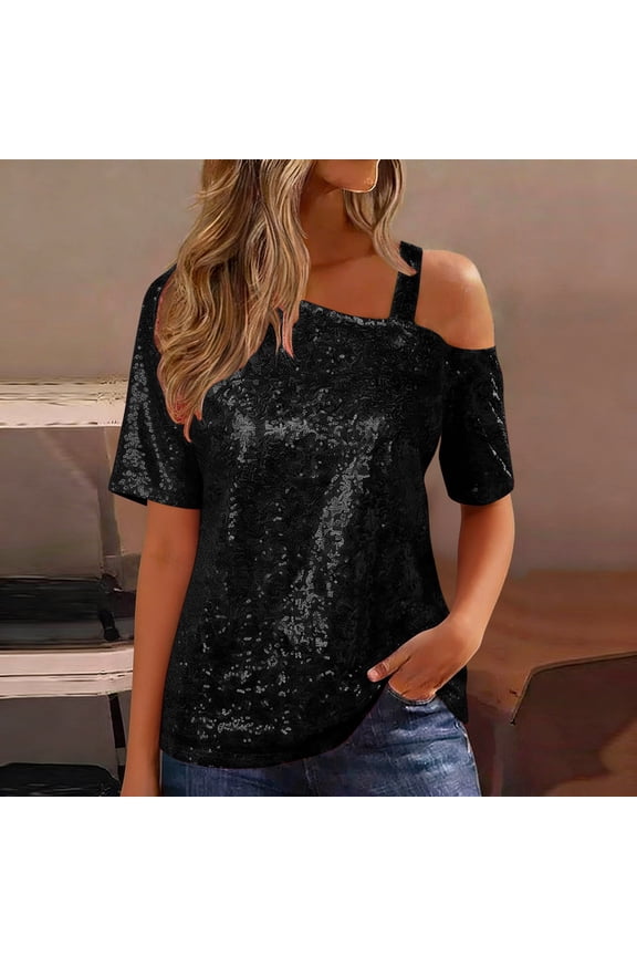 Women's Sequin Tops One Off The Shoulder Sparkle Shimmer Glitter Short Sleeve Shirt Cocktail Club Party Y2K Shirts