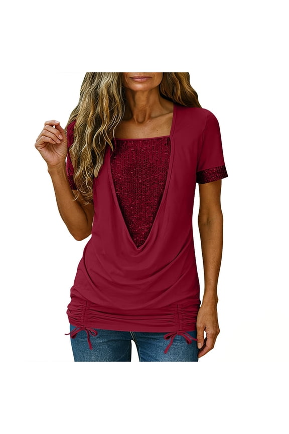 Women's Sequin Tops Plus Size Cowl Neck Short Sleeve Patchwork Blouse Sparky Glitter Stylish Fake Two Piece Pullover (XL, Red)