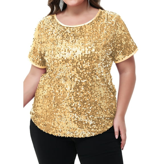 Women's Sequin Tops Plus Size Round Neck Sparkle Glitter Short Sleeve Party Tunic Blouse