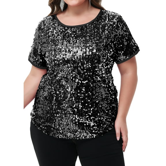 Women's Sequin Tops Plus Size Round Neck Sparkle Glitter Short Sleeve Party Tunic Blouse