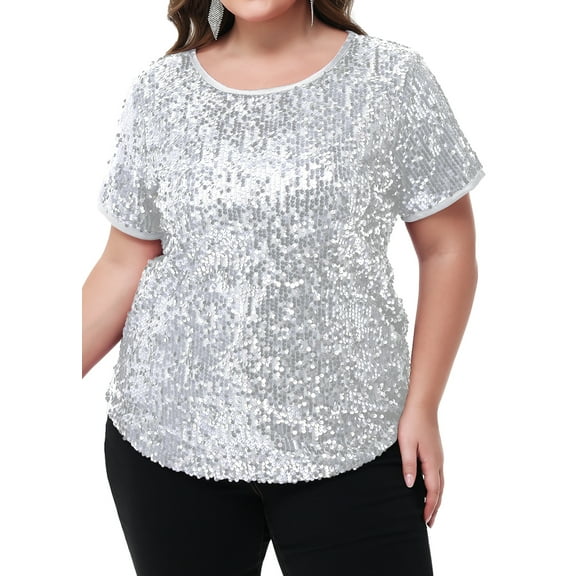 Women's Sequin Tops Plus Size Round Neck Sparkle Glitter Short Sleeve Party Tunic Blouse