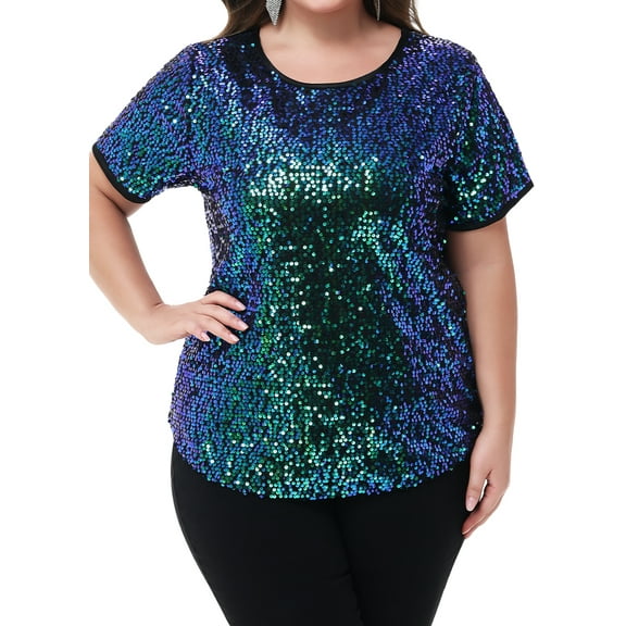 Women's Sequin Tops Plus Size Round Neck Sparkle Glitter Short Sleeve Party Tunic Blouse