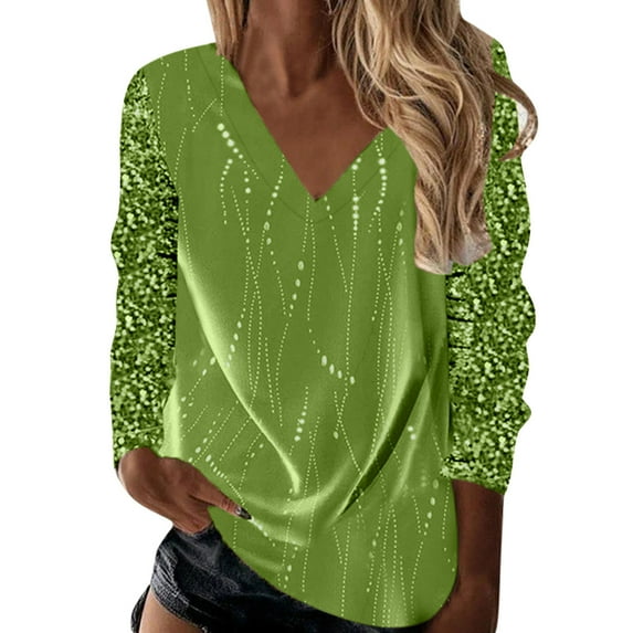 Women's Sequin Tops Sexy V Neck Long Sleeve Printed Dressy Casual T Shirts Plus Size Business Work Relaxed Fit Pullover Blouses