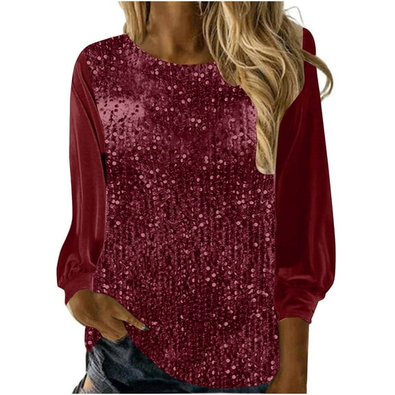 Women's Sequin Tops Sheer Long Sleeve Fashion Glitter Sparkly Party Blouse Velvet V-Neck Dressy Tops for Evening Party