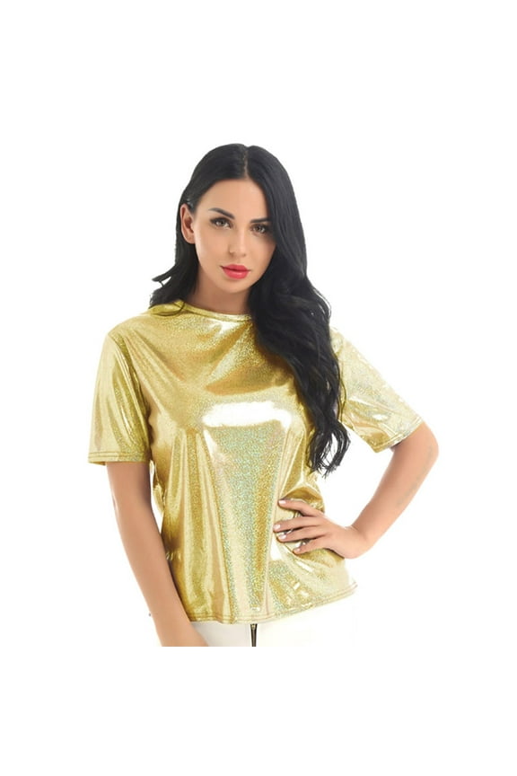 Women's Sequin Tops Shiny Glossy Turtleneck Short Sleeve Tee Shirt Glittering Casual Blouse Womens Holiday Tops