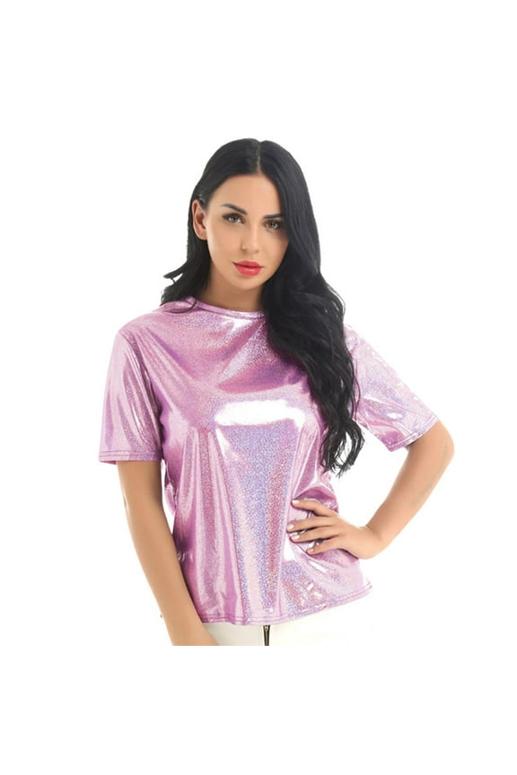 Women's Sequin Tops Shiny Glossy Turtleneck Short Sleeve Tee Shirt Glittering Casual Blouse Womens Holiday Tops
