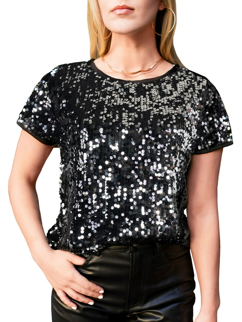 Short Sleeve Black Sequin Top Sequined Top Black/Glittery Ladies