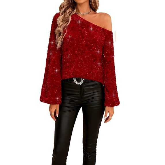 Women's Sequin Tops Off The Shoulder Sequin Blouses Tunics Tops Slim Fitted Shirt Asymmetrical Rhinestone Party Blouse Glitter Sparkly Dressy Blouses Club Party Tops