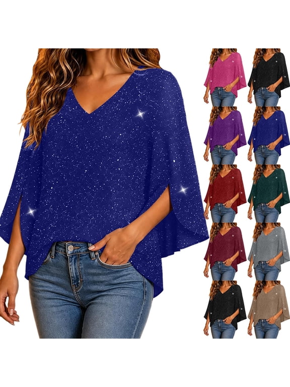 Women's Sequin Tops V Neck 3/4 Bell Sleeve Shirts, Sparkly Metallic Party Shirt, Elegant Loose Fit Evening Blouses Top for Cocktail Party Club
