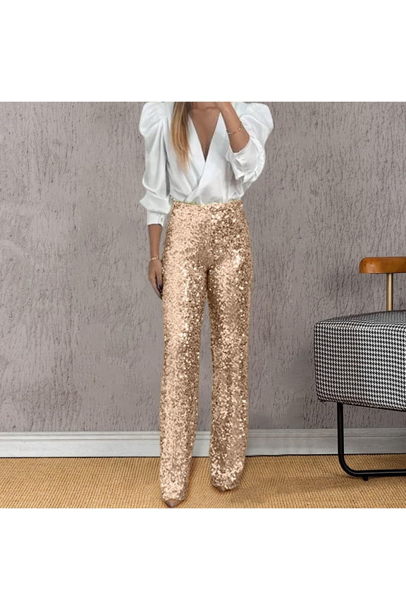 Women's Sequin Trousers, Elegant Plain Glitter Pants with Elastic Waistband, Sparkly Wide Leg Casual Pants for New Year's Eve Party, Evening Holiday Outfits and Carnival Costume Gold S