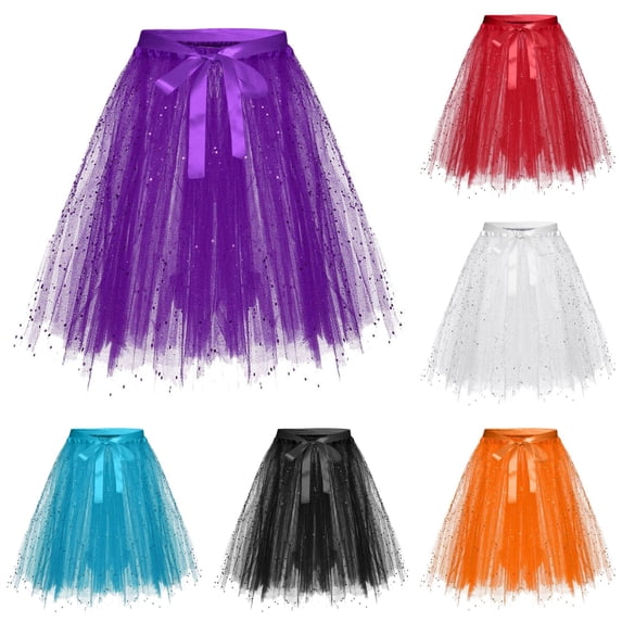 Women's Sequin Tulle Tutu Skirt Layered Dance Performance Skirt with Belt