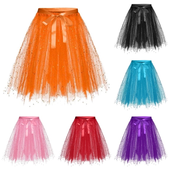 Women's Sequin Tulle Tutu Skirt Layered Dance Performance Skirt with Belt