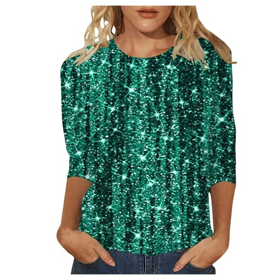Women's Sequin Print Tunic Tops 3/4 Sleeve Round Neck Relax Fit Shirts Party Disco Clubwear Tees 2025