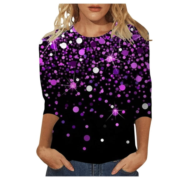 Women's Sequin Print Tunic Tops 3/4 Sleeve Round Neck Relax Fit Shirts Party Disco Clubwear Tees 2025