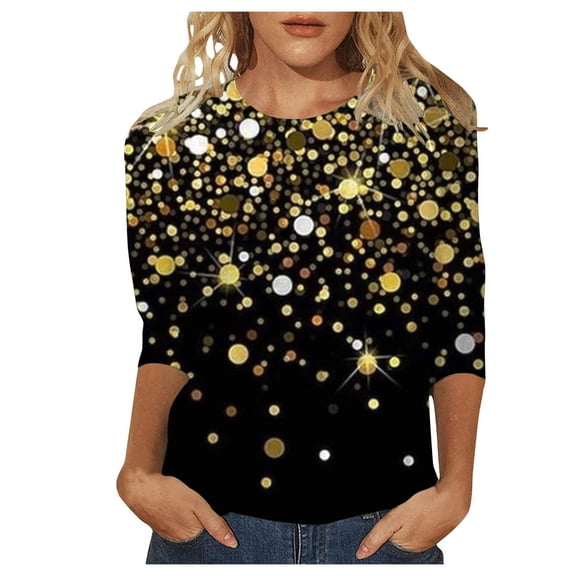 Women's Sequin Print Tunic Tops 3/4 Sleeve Round Neck Relax Fit Shirts Party Disco Clubwear Tees 2025