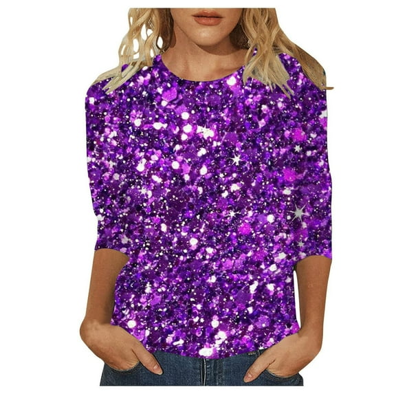 Women's Sequin Print Tunic Tops 3/4 Sleeve Round Neck Relax Fit Shirts Party Disco Clubwear Tees 2025