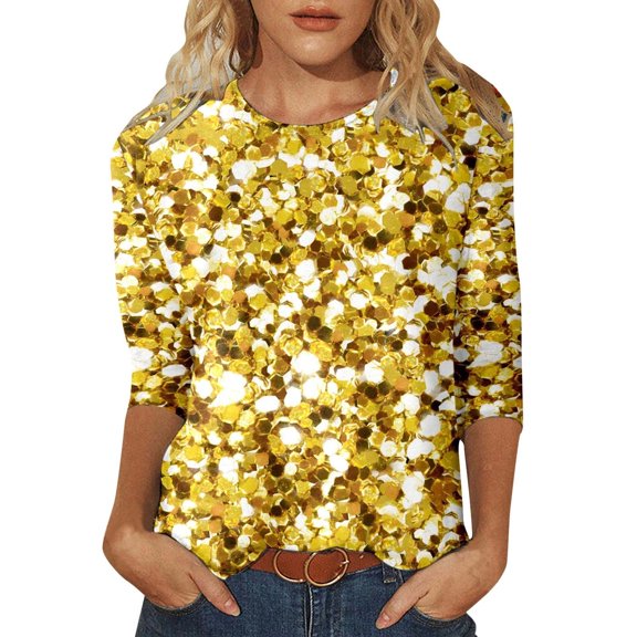 Women's Sequin Print Tunic Tops 3/4 Sleeve Round Neck Relax Fit Shirts Party Disco Clubwear Tees 2025