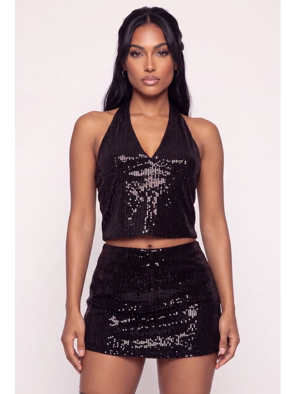 Women's Sequin V Neck Halter Top