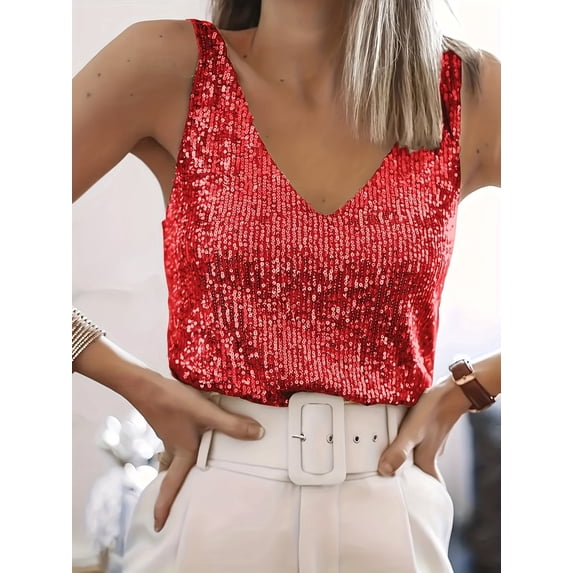 Women's Sequin V-Neck Tank Top Party Style Sleeveless Top