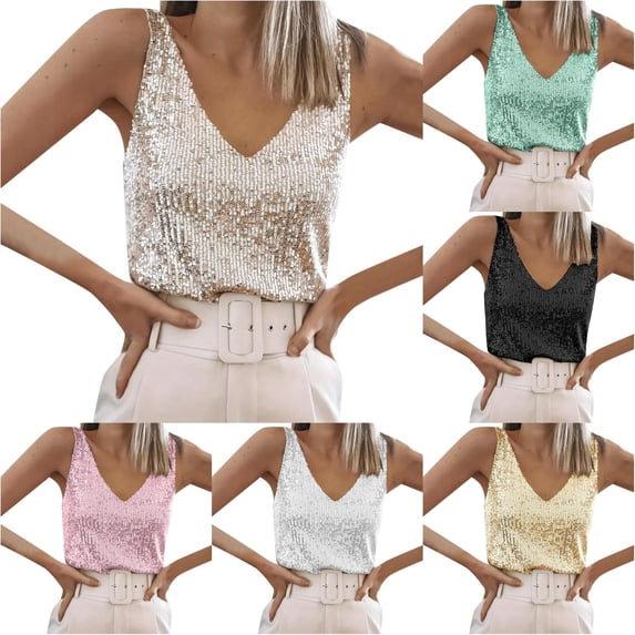Women's Sequin V Neck Tank Top - Sparkly Evening Camisole with Straps for Party Night Out