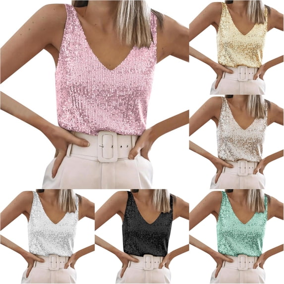 Women's Sequin V Neck Tank Top - Sparkly Evening Camisole with Straps for Party Night Out