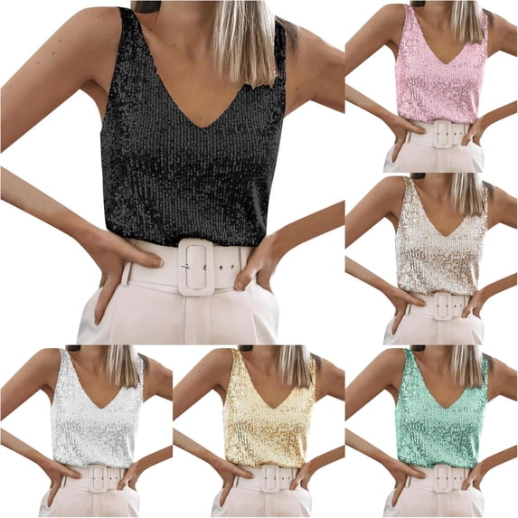 Women's Sequin V Neck Tank Top - Sparkly Evening Camisole with Straps for Party Night Out