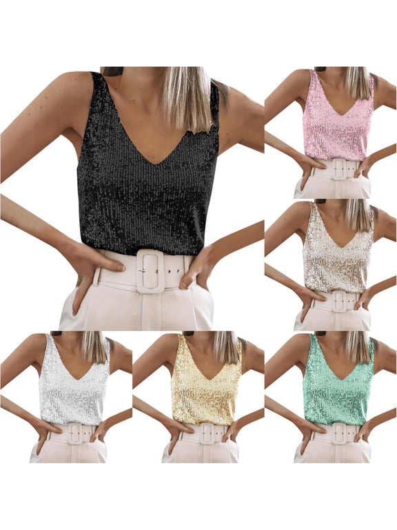 Women's Sequin V Neck Tank Top - Sparkly Evening Camisole with Straps for Party Night Out