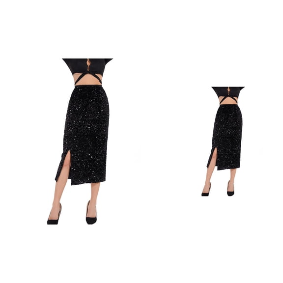 Women's Sequin Velvet Skirt, Elastic High Waist Split Hem, Midi Length, Elegant Stretchy Sparkle, Black