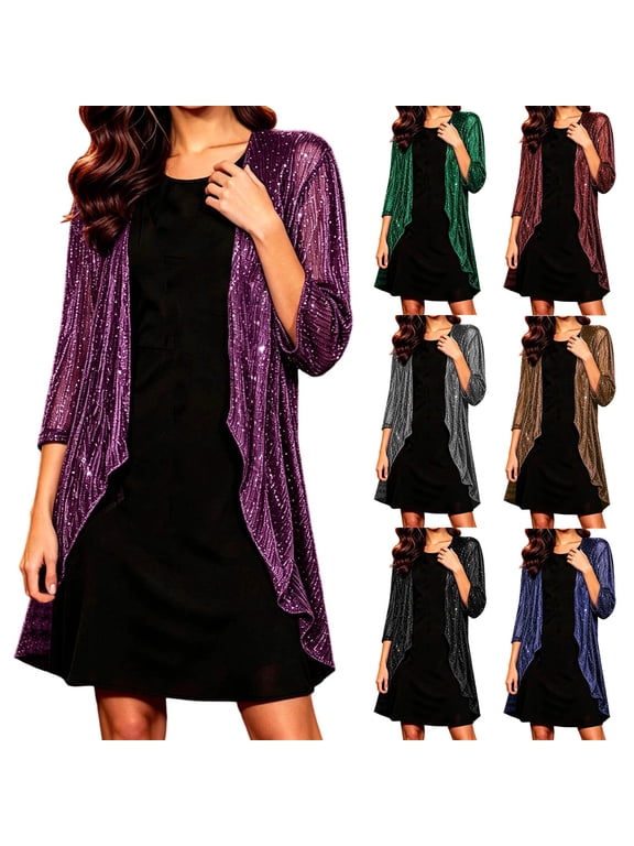 Women's Sequin Waterfall Open Front Cardigan Jacket Three Quarter Sleeve Sparkle Metallic Evening Jacket for Party Disco