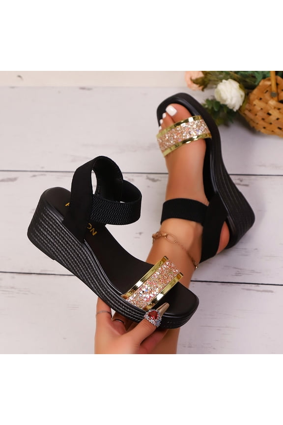 Women's Sequin Wedge Sandals-Women's Square Toe Open Toe Sandals,Platform Plus Size Beach Shoes Sold by WHLBF 37