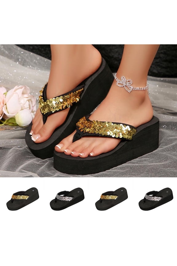 Women's Sequin Wedge Thong Flip Flops Open Toe Casual Summer Shoes Comfortable Thick Sole Slippers for Beach and Outdoor Walking Available in Wide Width and Extended Sizes