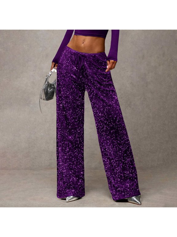 Women's Sequin Wide Leg Pants, Elastic Drawstring Waist Sparkly Glitter Palazzo Pants, High Waist Party Pants for Wedding, Formal Events and Special Occasions Purple M