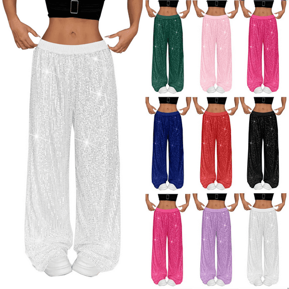 Women's Sequin Wide Leg Pants High Waisted Solid Color Dance Pants Loose for Night Out Glitter Trousers Clubwear Party Sparkly Pants