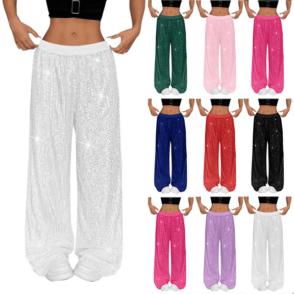 Women's Sequin Wide Leg Pants High Waisted Solid Color Dance Pants Loose for Night Out Glitter Trousers Clubwear Party Sparkly Pants