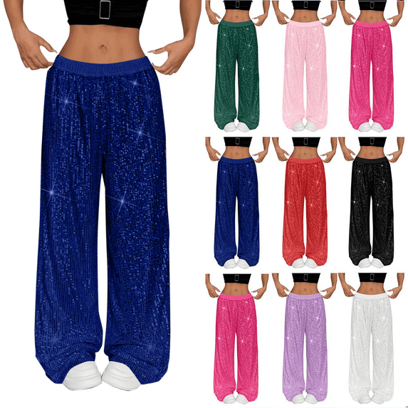 Women's Sequin Wide Leg Pants High Waisted Solid Color Dance Pants Loose for Night Out Glitter Trousers Clubwear Party Sparkly Pants