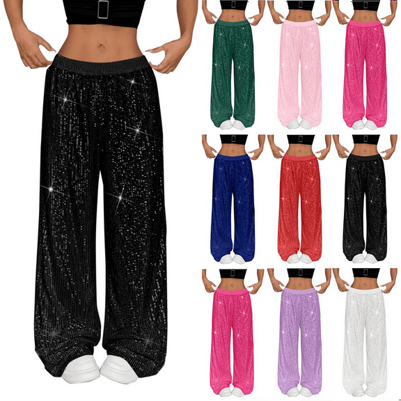 Women's Sequin Wide Leg Pants High Waisted Solid Color Dance Pants Loose for Night Out Glitter Trousers Clubwear Party Sparkly Pants