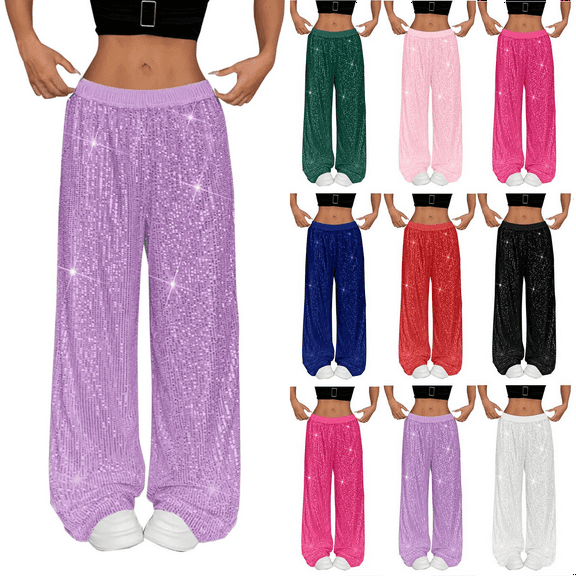 Women's Sequin Wide Leg Pants High Waisted Solid Color Dance Pants Loose for Night Out Glitter Trousers Clubwear Party Sparkly Pants