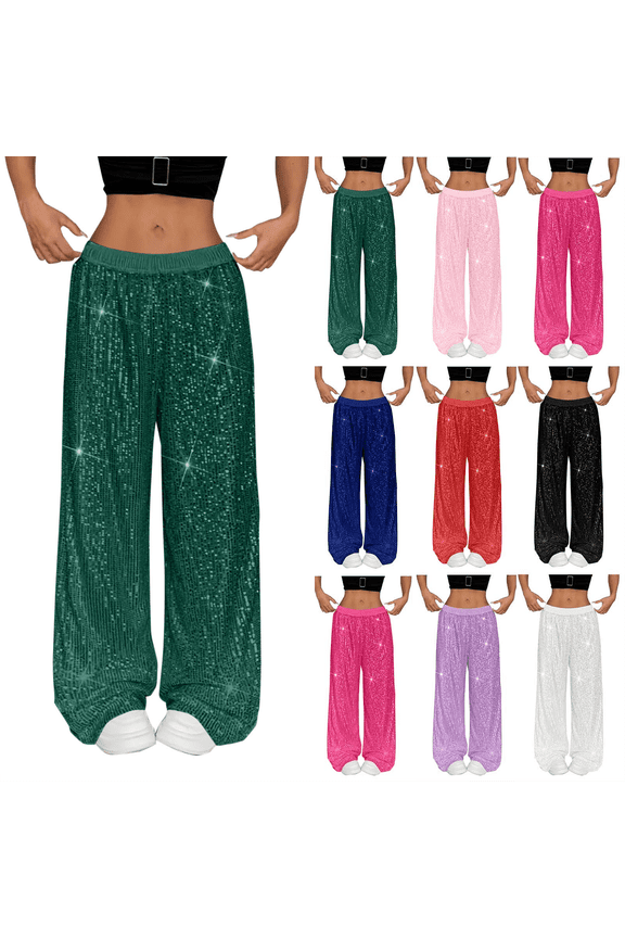 Women's Sequin Wide Leg Pants High Waisted Solid Color Dance Pants Loose for Night Out Glitter Trousers Clubwear Party Sparkly Pants