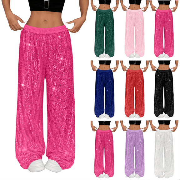 Women's Sequin Wide Leg Pants High Waisted Solid Color Dance Pants Loose for Night Out Glitter Trousers Clubwear Party Sparkly Pants