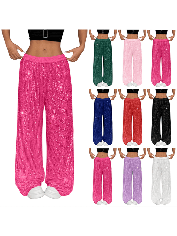 Women's Sequin Wide Leg Pants High Waisted Solid Color Dance Pants Loose for Night Out Glitter Trousers Clubwear Party Sparkly Pants