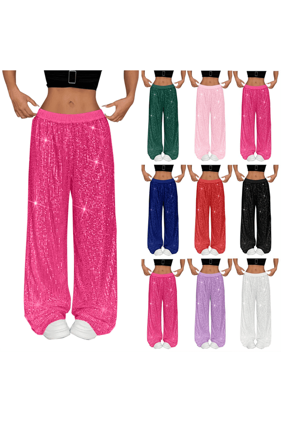 Women's Sequin Wide Leg Pants High Waisted Solid Color Dance Pants Loose for Night Out Glitter Trousers Clubwear Party Sparkly Pants