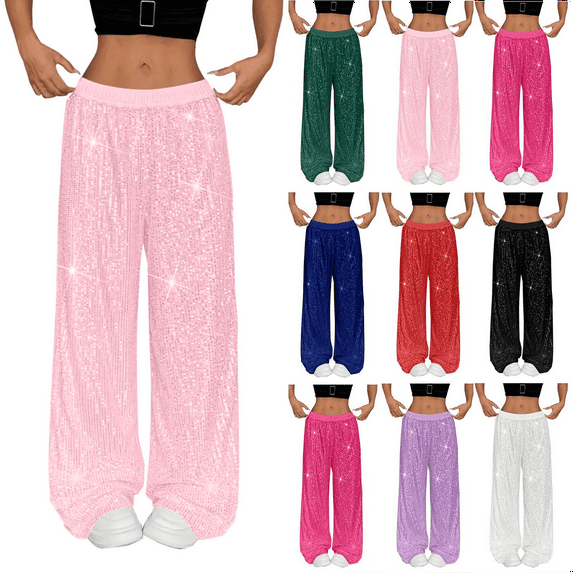 Women's Sequin Wide Leg Pants High Waisted Solid Color Dance Pants Loose for Night Out Glitter Trousers Clubwear Party Sparkly Pants