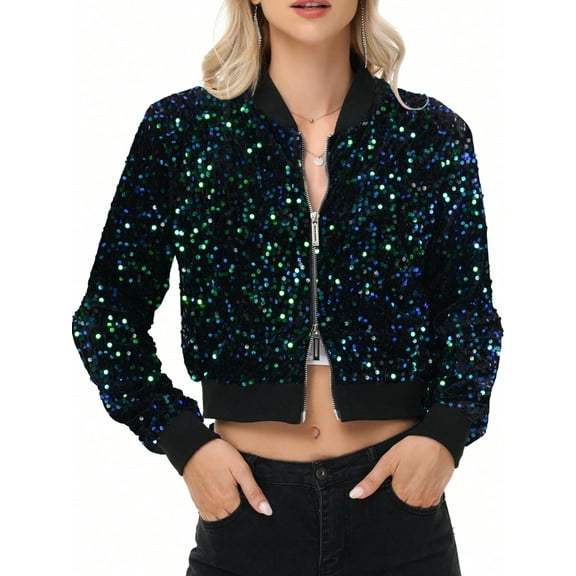 Women's Sequin Zip-Up Bomber Jacket with Ribbed Trim and Long Sleeves - Large, Mermaid