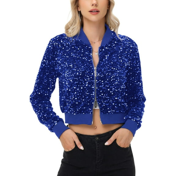 Women's Sequin Zip-Up Bomber Jacket with Ribbed Trim and Long Sleeves - Medium, Royal Blue
