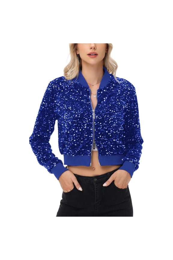 Women's Sequin Zip-Up Bomber Jacket with Ribbed Trim and Long Sleeves - Medium, Royal Blue